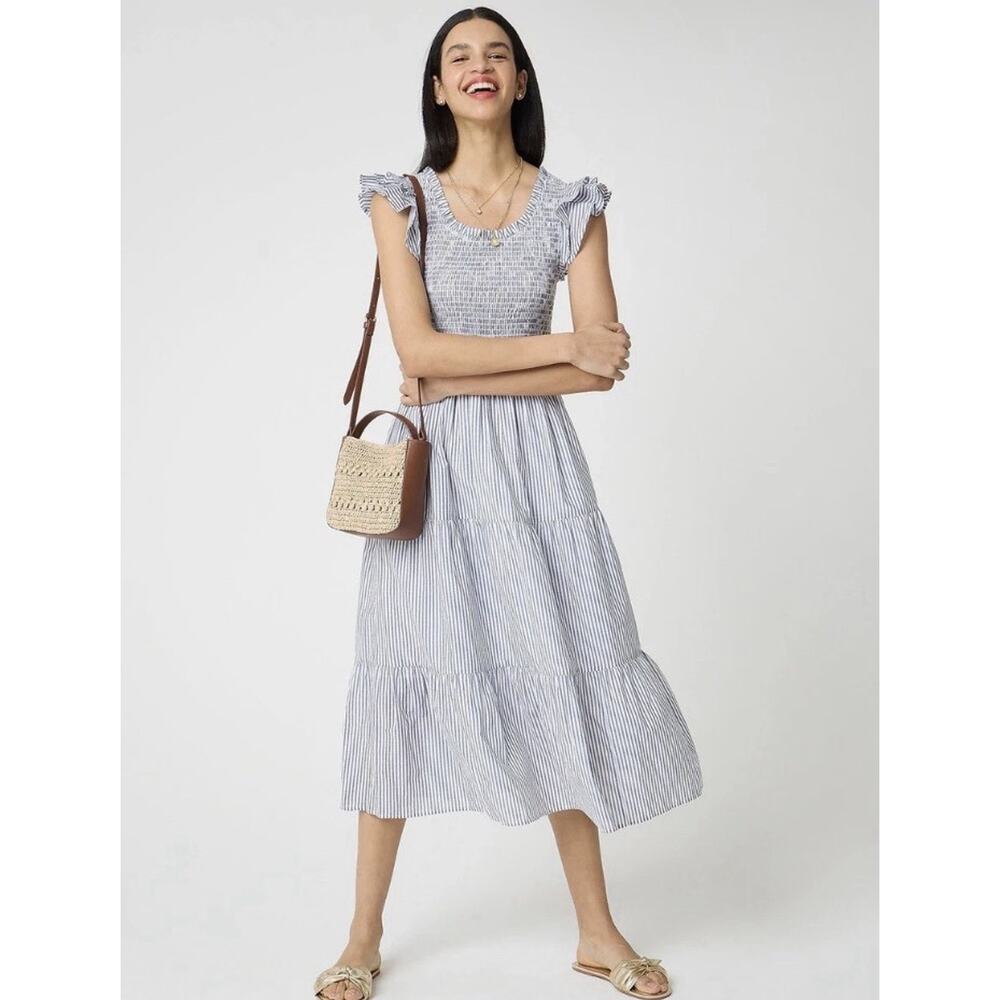 New!J.Crew Striped Smocked Flutter Sleeve Midi Dress White Antique Navy Small#98 - Picture 2 of 6